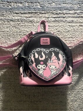 Loungefly Black and Pink My Melody & Kuromi Heart Mini Backpack